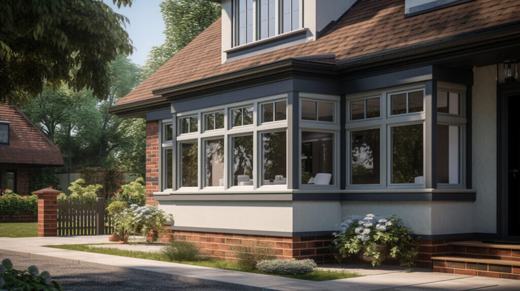 A photo of a home's exterior with a box bay window